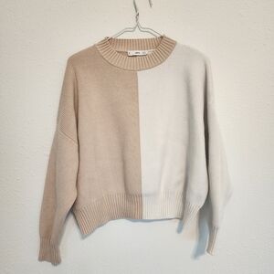 Mango Tan and White Crew Neck Sweater Soft Knit Relaxed Fit